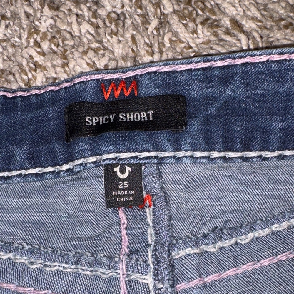True Religion Blue Denim Shorts with Red Accents - Picture 5 of 5